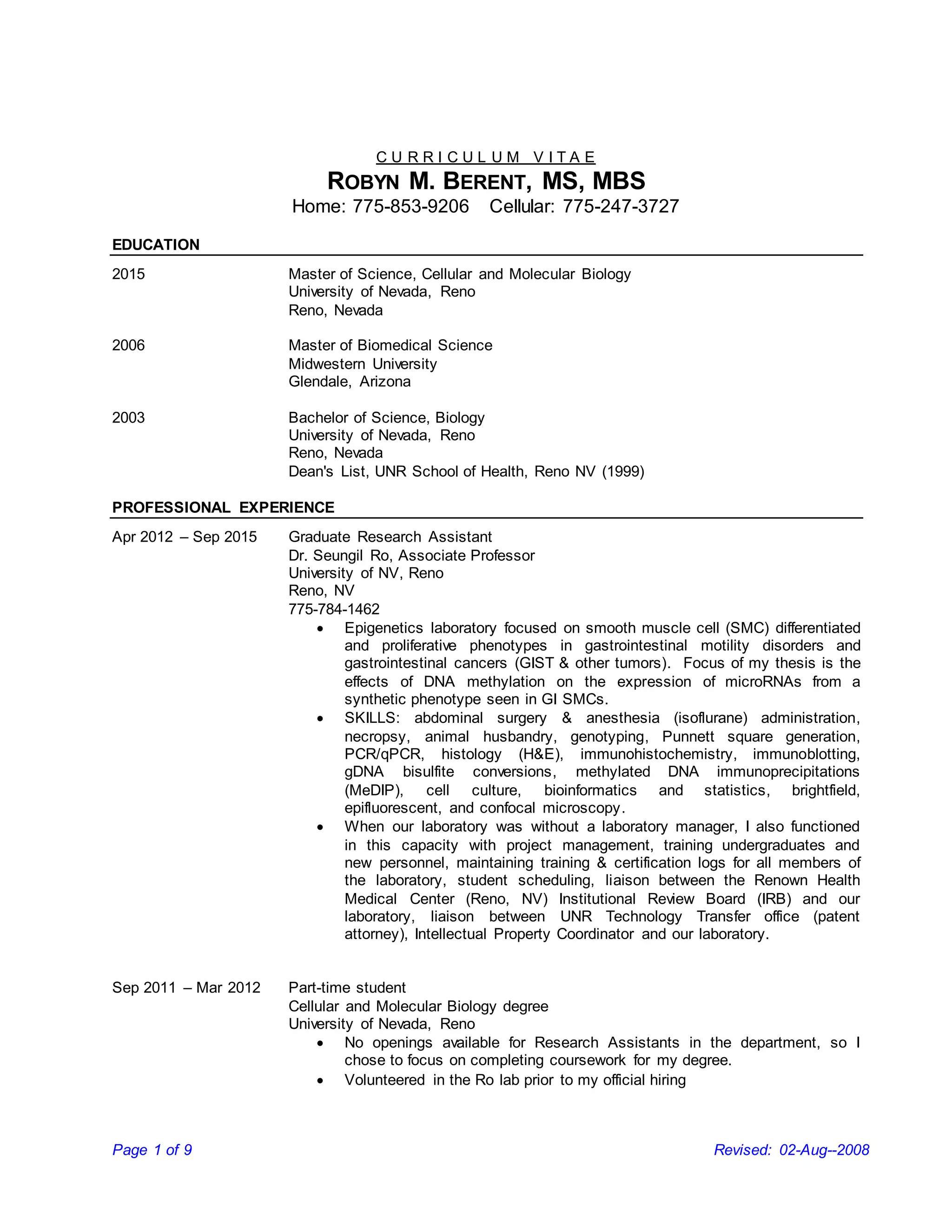 Curriculum Vitae_2015 | DOCX | Biotech and Biomedical Industry | Industries
