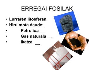ERREGAI FOSILAK Lurraren litosferan. Hiru mota daude: Petrolioa Gas naturala Ikatza 