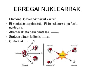 Elementu kimiko batzuetatik etorri. Bi modutan aprobetxatu: Fisio nuklearra eta fusio nuklearra. Abantailak eta desabantailak. Sortzen dituen kalteak. Ondorioak. ERREGAI NUKLEARRAK 