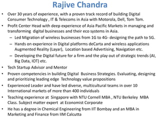 Rajive Chandra
• Over 30 years of experience, with a proven track record of building Digital
Consumer Technology , IT & Telecoms in Asia with Motorola, Dell, Tom Tom.
• Profit Center Head with deep experience of Asia Pacific Markets in managing and
transforming digital businesses and their eco systems in Asia.
– Led Migration of wireless businesses from 1G to 4G- designing the path to 5G.
– Hands on experience in Digital platforms deCarta and wireless applications
Augmented Reality (Layar), Location based Advertising, Navigation etc.
– Developing the Digital future for a firm and the play out of strategic trends (AI,
Big Data, IOT) etc.
• Tech Startup Advisor and Mentor
• Proven competencies in building Digital Business Strategies. Evaluating, designing
and prioritizing leading edge Technology value propositions
• Experienced Leader and have led diverse, multicultural teams in over 10
International markets of more than 400 individuals
• Teaching experience at Singapore with NTU Cornell MBA , NTU Berkeley MBA
Class. Subject matter expert at Economist Corporate
• He has a degree in Chemical Engineering from IIT Bombay and an MBA in
Marketing and Finance from IIM Calcutta
 