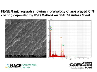 FE-SEM micrograph showing morphology of as-sprayed CrN
coating deposited by PVD Method on 304L Stainless Steel
 
