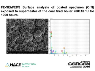 FE-SEM/EDS Surface analysis of coated specimen (CrN)
exposed to superheater of the coal fired boiler 700±10 0
C for
1000 hours.
 