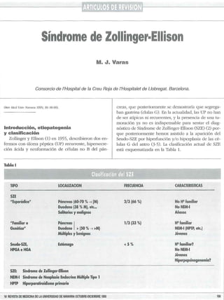 Síndrome de Zollinger·Ellison
M. J. Varas
Consorcio de /'Hospital de la Creu Roja de /'Hospitalet de Llobregat. Barcelona.
(Hev Mcd Uni'' Navarra 1995; 39: 00-00).
Introducción, etiopatogenia
y clasificación
Zollinger y Ellison (1) en 1955, describieron dos en-
fermos con úlcera péptica (UP) recurrente, hipersecre-
ción ácida y neoformación de células no B del pán-
Tabla 1
TIPO
SZE
"Esporádico"
"Familiar o
Genético"
Seudo·SZE,
HPGAe HGA
LOCALIZACION
Páncreas (60·70 %~ [M)
Duodeno (38 %M), etc...
S
olitarios y malignos
Páncreas ¡
Duodeno >(50 % ~ >M)
Múltiples y benignos
Estómago
SZE: Síndrome de Zollinger·Ellison
NEM·I Síndrome de Neoplasia Endocrina Múl~ple Tipo 1
HPTP Hiperparatiroidismo primario
18 REVISTA DE MEDICINADE LA UNIVERSIDADDE NAVARRA OCTUBRE-DICIEMBRE1995
creas, que posteriormente se demostraría que segrega-
ban gastrina (dulas G). En la actualidad, las UP no han
de ser atípicas ni recurrentes, y la presencia ele una tu-
moración ya no es indispensable para sentar el diag-
nóstico de Síndrome de Zollinger-Ellison (SZE) (2) por-
que posteriormente hemos asistido a la aparición del
Seudo-SZE por hiperfu nción y/ o hiperplasia de las cé-
lulas G del antro (3-5). La clasificación actual de SZE
está esquematizada en la Tabla l.
FRECUENCIA
2/3 (66 %)
1/3 (33 %)
< 5 %
CARACTERIS
TICAS
No Hgfamiliar
No NEM·I
Añosos
Hg familiar
NEM·I (HPTP, etc.)
Jóvenes
Hg familiar?
No NEM·I
Jóvenes
Hiperpepsinogenemia?
198
 