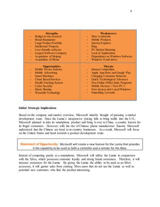 8
Initial Strategic Implications
Based on the company and market overview, Microsoft initially thought of pursuing a market
development route. Since the Lumia’s inexpensive pricing fails to bring traffic into the U.S.,
Microsoft planned to take its smartphone product and bring it over to China, a country known for
its frugal consumers. However, with the rise of Chinese phone manufacturer Xiaomi, Microsoft
understood that the Chinese are loyal to in-country businesses. As a result, Microsoft will focus
on the United States and head towards a product development route.
Statement of Opportunity: Microsoft will create a new feature for the Lumia that provides
it the capability to be used as both a controller and a remote for the Xbox.
Instead of competing purely as a smartphone, Microsoft will utilize the Lumia in conjunction
with the Xbox, which possesses customer loyalty and strong brand awareness. Therefore, it will
increase awareness for the Lumia. By giving the Lumia the ability to be used as an Xbox
accessory, it will garner sales from existing Xbox users that do not use the Lumia as well as
potential new customers who find the product interesting.
Strengths
- Budget to run research
- Brand Reputation
- Large Product Portfolio
- Intellectual Property
- User-friendly software
- Largest Software Company
- Acquisition of Mojang
- Acquisition of Skype
-
Weaknesses
- Slow to innovate
- Mobile Products
- Internet Explorer
- Bing
- PC Market Maturing
- Lack of Applications
- Dependence on Windows Software
- Windows 8 and above
Opportunities
- Mobile Device Industry
- Mobile Advertising
- Smart Machines
- Cloud Based Services
- Health Tracking System
- Cyber Security
- Music Sharing
- Wearable Technology
Threats
- Intense Competition
- Apple App Store and Google Play
- Changing Consumer Behavior
- Quick Technological Advances
- Free Online Office Suite Programs
- Mobile Devices = New PC’s
- New devices don’t need Windows
- Impending Lawsuits
 