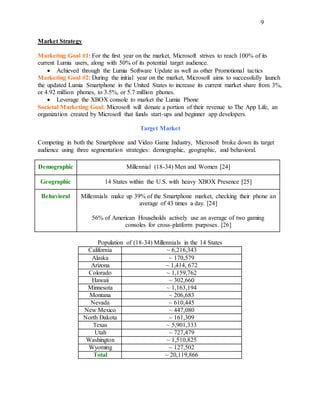 9
Market Strategy
Marketing Goal #1: For the first year on the market, Microsoft strives to reach 100% of its
current Lumia users, along with 50% of its potential target audience.
 Achieved through the Lumia Software Update as well as other Promotional tactics
Marketing Goal #2: During the initial year on the market, Microsoft aims to successfully launch
the updated Lumia Smartphone in the United States to increase its current market share from 3%,
or 4.92 million phones, to 3.5%, or 5.7 million phones.
 Leverage the XBOX console to market the Lumia Phone
Societal Marketing Goal: Microsoft will donate a portion of their revenue to The App Life, an
organization created by Microsoft that funds start-ups and beginner app developers.
Target Market
Competing in both the Smartphone and Video Game Industry, Microsoft broke down its target
audience using three segmentation strategies: demographic, geographic, and behavioral.
Demographic Millennial (18-34) Men and Women [24]
Geographic 14 States within the U.S. with heavy XBOX Presence [25]
Behavioral Millennials make up 39% of the Smartphone market, checking their phone an
average of 43 times a day. [24]
56% of American Households actively use an average of two gaming
consoles for cross-platform purposes. [26]
Population of (18-34) Millennials in the 14 States
California ~ 6,216,343
Alaska ~ 170,579
Arizona ~ 1,414, 672
Colorado ~ 1,159,762
Hawaii ~ 302,660
Minnesota ~ 1,163,194
Montana ~ 206,683
Nevada ~ 610,445
New Mexico ~ 447,080
North Dakota ~ 161,309
Texas ~ 5,901,333
Utah ~ 727,479
Washington ~ 1,510,825
Wyoming ~ 127,502
Total ~ 20,119,866
 