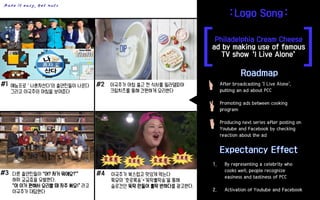 [ ]
After broadcasting ‘I Live Alone’,
putting an ad about PCC
Promoting ads between cooking
program
Producing next series after posting on
Youtube and Facebook by checking
reaction about the ad
1. By representing a celebrity who
cooks well, people recognize
easiness and tastiness of PCC
2. Activation of Youtube and Facebook
예능프로＇나혼자산다’의 출연진들이 나온다
그리고 이국주의 아침을 보여준다
이국주가 아침 출근 전 식사를 필라델피아
크림치즈를 통해 간편하게 요리한다
이국주가 복스럽고 맛있게 먹는다
특유의 ‘호로록송‘+’뚝딱홀딱송’을 통해
슬로건인 뚝딱 만들어 홀딱 반하다를 광고한다.
다른 출연진들이 “어? 저거 뭐에요?‘”
하며 궁금증을 유발한다.
“아 이거 편해서 요리할 때 자주 써요!” 라고
이국주가 대답한다
Make it easy, Get nuts
 