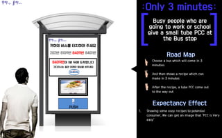 [ ]
Choose a bus which will come in 3
minuties
And then shows a recipe which can
make in 3 minutes
After the recipe, a tube PCC come out
to the way out
1. Showing some easy recipes to potential
consumer, We can get an image that ‘PCC is Very
easy’
뚝딱만들고 홀딱반하다
뚝딱만들고 홀딱반하다
 