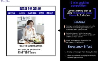 [ ]
Holding a contest that considers our main value
(simplicity/accessibility/generality) as core
standard of ‘Make it easy, Get nuts’
Evaluation standard will be ‘Can we make
dishes in 5 minutes’, ‘Will everyone like this dish’
and ‘Can we make it easily’
Winner will be awarded prize money and
participators will get samples
1. Sending our message, ‘Make it easy, Get Nuts’
2. Enhancing customer loyalty by encouraging
customers’ participation
뚝딱만들고 홀딱반하다
필크치 5분 요리사!
 