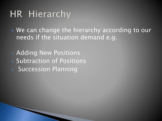  We can change the hierarchy according to our
needs if the situation demand e.g.
 Adding New Positions
 Subtraction of Positions
 Succession Planning
 