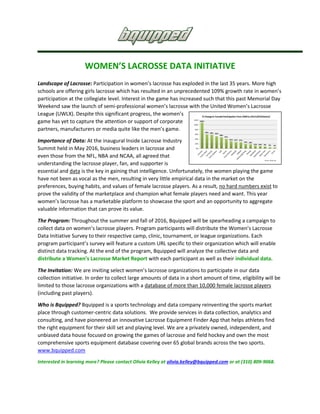 WOMEN’S LACROSSE DATA INITIATIVE
Landscape of Lacrosse: Participation in women’s lacrosse has exploded in the last 35 years. More high
schools are offering girls lacrosse which has resulted in an unprecedented 109% growth rate in women’s
participation at the collegiate level. Interest in the game has increased such that this past Memorial Day
Weekend saw the launch of semi-professional women’s lacrosse with the United Women’s Lacrosse
League (UWLX). Despite this significant progress, the women’s
game has yet to capture the attention or support of corporate
partners, manufacturers or media quite like the men’s game.
Importance of Data: At the inaugural Inside Lacrosse Industry
Summit held in May 2016, business leaders in lacrosse and
even those from the NFL, NBA and NCAA, all agreed that
understanding the lacrosse player, fan, and supporter is
essential and data is the key in gaining that intelligence. Unfortunately, the women playing the game
have not been as vocal as the men, resulting in very little empirical data in the market on the
preferences, buying habits, and values of female lacrosse players. As a result, no hard numbers exist to
prove the validity of the marketplace and champion what female players need and want. This year
women’s lacrosse has a marketable platform to showcase the sport and an opportunity to aggregate
valuable information that can prove its value.
The Program: Throughout the summer and fall of 2016, Bquipped will be spearheading a campaign to
collect data on women’s lacrosse players. Program participants will distribute the Women’s Lacrosse
Data Initiative Survey to their respective camp, clinic, tournament, or league organizations. Each
program participant’s survey will feature a custom URL specific to their organization which will enable
distinct data tracking. At the end of the program, Bquipped will analyze the collective data and
distribute a Women’s Lacrosse Market Report with each participant as well as their individual data.
The Invitation: We are inviting select women’s lacrosse organizations to participate in our data
collection initiative. In order to collect large amounts of data in a short amount of time, eligibility will be
limited to those lacrosse organizations with a database of more than 10,000 female lacrosse players
(including past players).
Who is Bquipped? Bquipped is a sports technology and data company reinventing the sports market
place through customer-centric data solutions. We provide services in data collection, analytics and
consulting, and have pioneered an innovative Lacrosse Equipment Finder App that helps athletes find
the right equipment for their skill set and playing level. We are a privately owned, independent, and
unbiased data house focused on growing the games of lacrosse and field hockey and own the most
comprehensive sports equipment database covering over 65 global brands across the two sports.
www.bquipped.com
Interested in learning more? Please contact Olivia Kelley at olivia.kelley@bquipped.com or at (310) 809-9068.
Source: NCAA.org
 