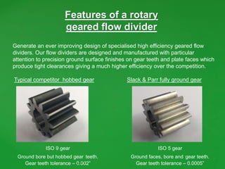 Features of a rotary
geared flow divider
Generate an ever improving design of specialised high efficiency geared flow
dividers. Our flow dividers are designed and manufactured with particular
attention to precision ground surface finishes on gear teeth and plate faces which
produce tight clearances giving a much higher efficiency over the competition.
Typical competitor hobbed gear Slack & Parr fully ground gear
ISO 9 gear
Ground bore but hobbed gear teeth.
Gear teeth tolerance – 0.002”
ISO 5 gear
Ground faces, bore and gear teeth.
Gear teeth tolerance – 0.0005”
 