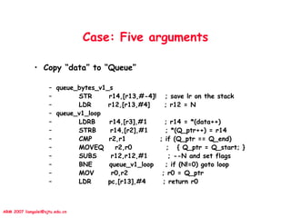 ARM 2007 liangalei@sjtu.edu.cn
Case: Five arguments
• Copy “data” to “Queue”
– queue_bytes_v1_s
– STR r14,[r13,#-4]! ; save lr on the stack
– LDR r12,[r13,#4] ; r12 = N
– queue_v1_loop
– LDRB r14,[r3],#1 ; r14 = *(data++)
– STRB r14,[r2],#1 ; *(Q_ptr++) = r14
– CMP r2,r1 ; if (Q_ptr == Q_end)
– MOVEQ r2,r0 ; { Q_ptr = Q_start; }
– SUBS r12,r12,#1 ; --N and set flags
– BNE queue_v1_loop ; if (N!=0) goto loop
– MOV r0,r2 ; r0 = Q_ptr
– LDR pc,[r13],#4 ; return r0
 