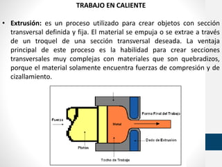 TRABAJO EN CALIENTE
• Extrusión: es un proceso utilizado para crear objetos con sección
transversal definida y fija. El material se empuja o se extrae a través
de un troquel de una sección transversal deseada. La ventaja
principal de este proceso es la habilidad para crear secciones
transversales muy complejas con materiales que son quebradizos,
porque el material solamente encuentra fuerzas de compresión y de
cizallamiento.
 