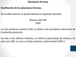 Aleaciones ferrosas
Clasificación de las aleaciones ferrosas.
De la tabla anterior se puede destacar el siguiente ejemplo:
Número AISI-SAE
1020
Los dos primeros números (10), se refiere a los principales elementos de
la aleación presentes.
Los dos o tres últimos números, se refiere al porcentaje de carbono. En
este caso (20), el cual es al bajo carbono, conteniendo 0,20% C.
 