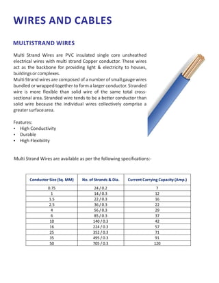 WIRES AND CABLES
MULTISTRAND WIRES
Multi Strand Wires are PVC insulated single core unsheathed
electrical wires with multi strand Copper conductor. These wires
act as the backbone for providing light & electricity to houses,
buildingsorcomplexes.
Multi Strand wires are composed of a number of small gauge wires
bundled or wrapped together to form a larger conductor. Stranded
wire is more flexible than solid wire of the same total cross-
sectional area. Stranded wire tends to be a better conductor than
solid wire because the individual wires collectively comprise a
greatersurfacearea.
Features:
 High Conductivity
 Durable
 High Flexibility
Multi Strand Wires are available as per the following specifications:-
Conductor Size (Sq. MM) No. of Strands & Dia. Current Carrying Capacity (Amp.)
0.75 24 / 0.2 7
1 14 / 0.3 12
1.5 22 / 0.3 16
2.5 36 / 0.3 22
4 56 / 0.3 29
6 85 / 0.3 37
10 140 / 0.3 42
16 224 / 0.3 57
25 352 / 0.3 71
35 495 / 0.3 91
50 705 / 0.3 120
 