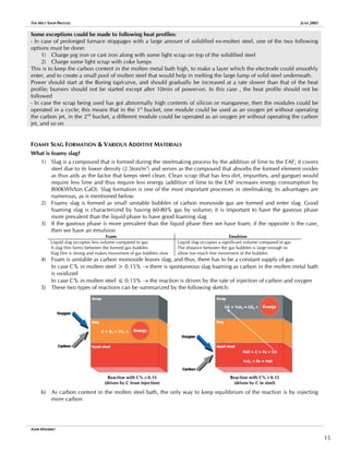 THE MELT SHOP PROCESS JUNE 2005
Some exceptions could be made to following heat profiles:
- In case of prolonged furnace stoppages with a large amount of solidified ex-molten steel, one of the two following
options must be done:
1) Charge pig iron or cast iron along with some light scrap on top of the solidified steel
2) Charge some light scrap with coke lumps
This is to keep the carbon content in the molten metal bath high, to make a layer which the electrode could smoothly
enter, and to create a small pool of molten steel that would help in melting the large lump of solid steel underneath.
Power should start at the Boring tap/curve, and should gradually be increased at a rate slower than that of the heat
profile; burners should not be started except after 10min of power-on. In this case , the heat profile should not be
followed
- In case the scrap being used has got abnormally high contents of silicon or manganese, then the modules could be
operated in a cycle; this means that in the 1st
bucket, one module could be used as an oxygen jet without operating
the carbon jet, in the 2nd
bucket, a different module could be operated as an oxygen jet without operating the carbon
jet, and so on
FOAMY SLAG FORMATION & VARIOUS ADDITIVE MATERIALS
What is foamy slag?
1) Slag is a compound that is formed during the steelmaking process by the addition of lime to the EAF; it covers
steel due to its lower density (2.5ton/m3
) and serves as the compound that absorbs the formed element oxides
as thus aids as the factor that keeps steel clean. Clean scrap (that has less dirt, impurities, and gangue) would
require less lime and thus require less energy (addition of lime to the EAF increases energy consumption by
800KWh/ton CaO). Slag formation is one of the most important processes in steelmaking; its advantages are
numerous, as is mentioned below.
2) Foamy slag is formed as small unstable bubbles of carbon monoxide gas are formed and enter slag. Good
foaming slag is characterized by having 60-80% gas by volume; it is important to have the gaseous phase
more prevalent than the liquid phase to have good foaming slag
3) If the gaseous phase is more prevalent than the liquid phase then we have foam; if the opposite is the case,
then we have an emulsion
Foam Emulsion
Liquid slag occupies less volume compared to gas
A slag film forms between the formed gas bubbles
Slag film is strong and makes movement of gas bubbles slow
Liquid slag occupies a significant volume compared to gas
The distance between the gas bubbles is large enough to
allow too much free movement of the bubbles
4) Foam is unstable as carbon monoxide leaves slag, and thus, there has to be a constant supply of gas:
In case C% in molten steel > 0.15% → there is spontaneous slag foaming as carbon in the molten metal bath
is oxidized
In case C% in molten steel ≤ 0.15% → the reaction is driven by the rate of injection of carbon and oxygen
5) These two types of reactions can be summarized by the following sketch:
Reaction with C%≤0.15
(driven by C from injection)
Reaction with C%>0.15
(driven by C in steel)
6) As carbon content in the molten steel bath, the only way to keep equilibrium of the reaction is by injecting
more carbon
AMIR MISHRIKY
15
 