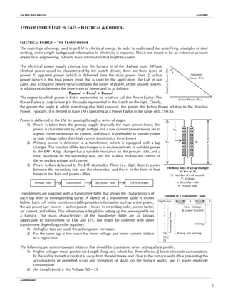 THE MELT SHOP PROCESS JUNE 2005
TYPES OF ENERGY USED IN EAFS – ELECTRICAL & CHEMICAL
ELECTRICAL ENERGY – THE TRANSFORMER
The main type of energy used in an EAF is electrical energy. In order to understand the underlying principles of steel
melting, some simple background information in electricity is required. This is not meant to be an extensive account
of electrical engineering, but only basic information that might be useful.
The electrical power supply coming into the furnace is of the 3-phase type. 3-Phase
electical power could be characterized by the sketch shown; there are three types of
power: 1) apparent power (which is delivered from the main power line), 2) active
power (which is the final power input that is used by the application, the EAF in our
case), and 3) reactive power (which includes the losses of power, or the unused power).
A relation exists between the three types of power and its as follows:
PApparent
2
= PActive
2
+ PReactive
2
The degree to which power is lost is represented by what we call the Power Factor. The
Power Factor is cosφ (where φ is the angle represented in the sketch on the right. Clearly,
the greater the angle φ, while everything else held constant, the greater the Active Power relative to the Reactive
Power. Typically, it is desired to have EAFs operating at a Power Factor in the range of 0.75-0.85.
φ
Apparent
Power (PAP)
Reactive
Power
(P
R
)
Active Power (PAC)
Power is delivered to the EAF by passing through a series of stages:
VS
NS
Np
Vp
1) Power is taken from the primary supply (typically the main power lines); this
power is characterized by a high voltage and a low current (power losses are to
a great extent dependant on current, and thus it is preferable to transfer power
at high voltage rather than high current to minimize these losses)
2) Primary power is delivered to a transformer, which is equipped with a tap
changer. The function of the tap changer is to enable delivery of variable power
to the EAF. A tap changer has a variable resistance on the primary side, and a
fixed resistance on the secondary side, and this is what enables the control of
the secondary voltage and current.
3) Power is then delivered to the EAF electrodes. There is a slight drop in power
between the secondary side and the electrodes, and this is in the form of heat
losses in bus bars and power cables.
The Basic Idea of a Tap Changer
NP.VP=NS.VS
N: Number of coil wounds
V: Voltage
S: Secondary side
P: Primary Side
Secondary Side
Transformer EAF Electrodes
Primary Side
Transformers are supplied with a transformer table that shows the characteristics of
each tap with its corresponding curve. A sketch of a transformer table is shown
below. Each cell in the transformer table provides information such as active power,
the arc power (arc power = active power – losses in secondary side), power factor,
arc current, and others. This information is helpful in setting up the power profile for
a furnace. The main characteristics of the transformer table are as follows
(applicable to transformers in ESR and EFS, but might be different with other
transformers depending on the supplier):
Example of a Transformer Table
Tap/Curve 6 5 4 3 2 1
1
2
3
4
.
.
.
.
19
20
21
Increasing
Power
More Voltage
& Lower Current
Boring and refining
Melting
1) As higher taps are used, the active power increases
2) For the same tap, a low curve has more voltage and lower current relative
to a high curve
The following are some important relations that should be considered when setting a heat profile:
1) Higher voltages mean greater Arc Length (long arc), which has three effects: a] lower electrode consumption,
b] the ability to melt scrap that is away from the electrodes and close to the furnace walls (thus preventing the
accumulation of unmelted scrap and formation of skulls on the furnace walls), and c] lower electrode
consumption
2) Arc Length [mm] = Arc Voltage [V] – 35
AMIR MISHRIKY
5
 