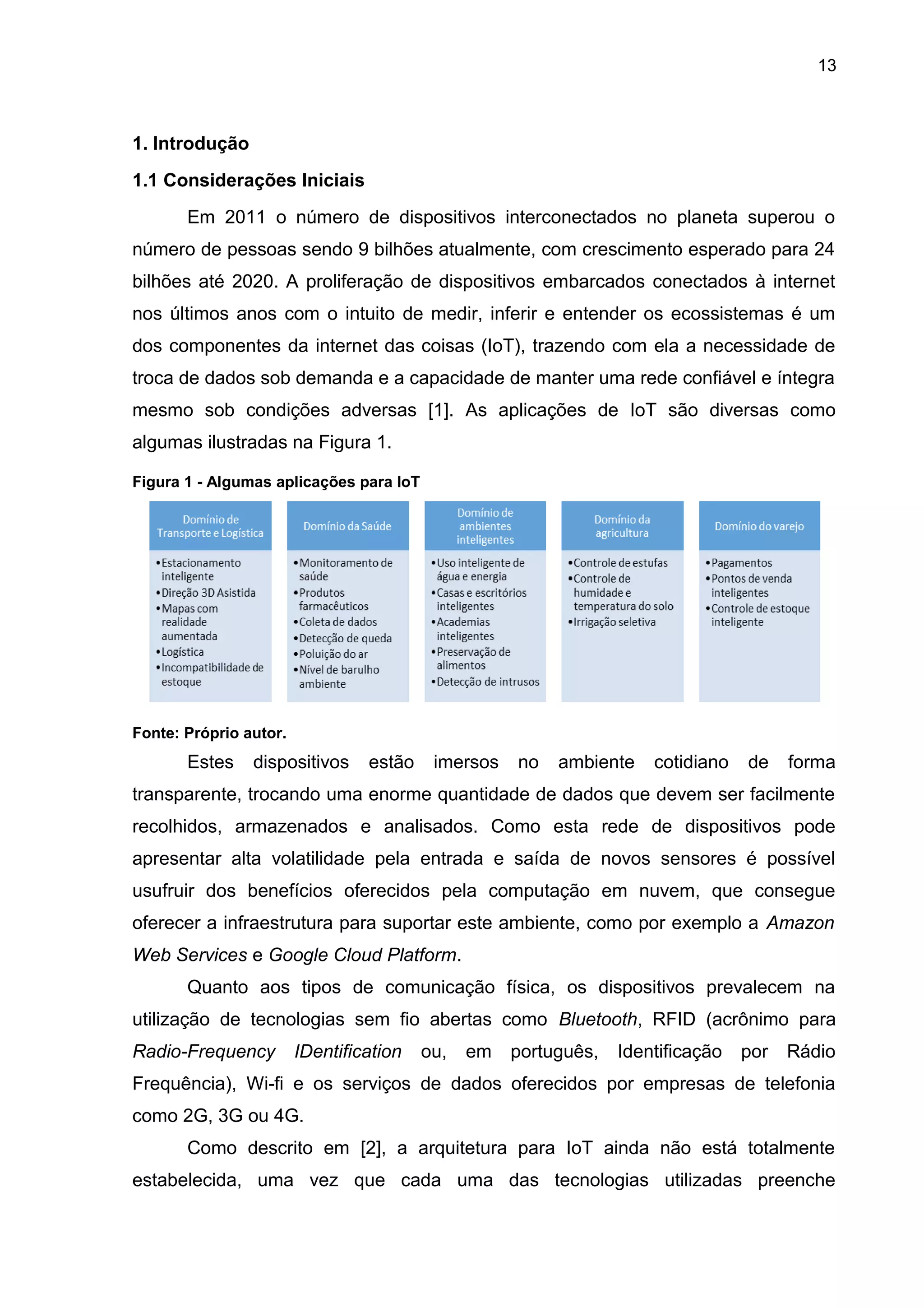 13
1. Introdução
1.1 Considerações Iniciais
Em 2011 o número de dispositivos interconectados no planeta superou o
número de pessoas sendo 9 bilhões atualmente, com crescimento esperado para 24
bilhões até 2020. A proliferação de dispositivos embarcados conectados à internet
nos últimos anos com o intuito de medir, inferir e entender os ecossistemas é um
dos componentes da internet das coisas (IoT), trazendo com ela a necessidade de
troca de dados sob demanda e a capacidade de manter uma rede confiável e íntegra
mesmo sob condições adversas [1]. As aplicações de IoT são diversas como
algumas ilustradas na Figura 1.
Figura 1 - Algumas aplicações para IoT
Fonte: Próprio autor.
Estes dispositivos estão imersos no ambiente cotidiano de forma
transparente, trocando uma enorme quantidade de dados que devem ser facilmente
recolhidos, armazenados e analisados. Como esta rede de dispositivos pode
apresentar alta volatilidade pela entrada e saída de novos sensores é possível
usufruir dos benefícios oferecidos pela computação em nuvem, que consegue
oferecer a infraestrutura para suportar este ambiente, como por exemplo a Amazon
Web Services e Google Cloud Platform.
Quanto aos tipos de comunicação física, os dispositivos prevalecem na
utilização de tecnologias sem fio abertas como Bluetooth, RFID (acrônimo para
Radio-Frequency IDentification ou, em português, Identificação por Rádio
Frequência), Wi-fi e os serviços de dados oferecidos por empresas de telefonia
como 2G, 3G ou 4G.
Como descrito em [2], a arquitetura para IoT ainda não está totalmente
estabelecida, uma vez que cada uma das tecnologias utilizadas preenche
 