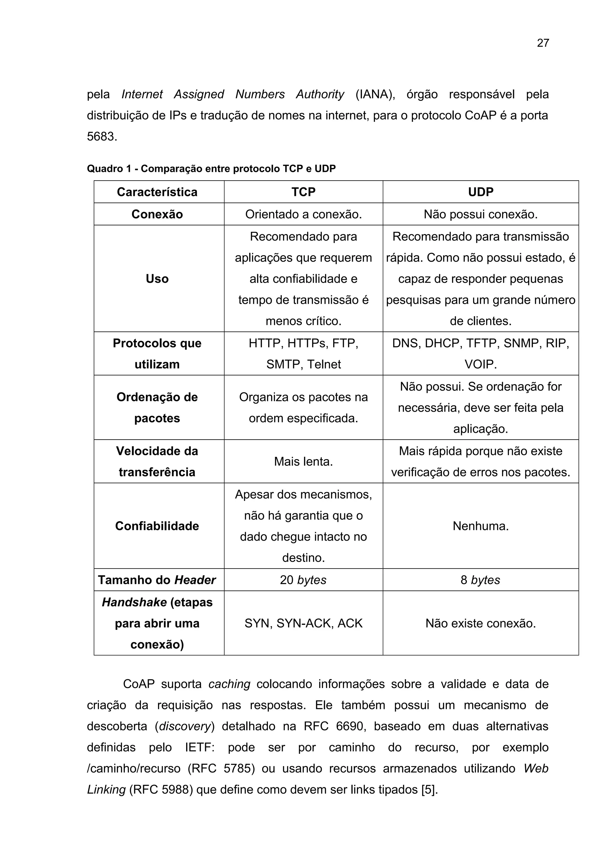 27
pela Internet Assigned Numbers Authority (IANA), órgão responsável pela
distribuição de IPs e tradução de nomes na internet, para o protocolo CoAP é a porta
5683.
Quadro 1 - Comparação entre protocolo TCP e UDP
Característica TCP UDP
Conexão Orientado a conexão. Não possui conexão.
Uso
Recomendado para
aplicações que requerem
alta confiabilidade e
tempo de transmissão é
menos crítico.
Recomendado para transmissão
rápida. Como não possui estado, é
capaz de responder pequenas
pesquisas para um grande número
de clientes.
Protocolos que
utilizam
HTTP, HTTPs, FTP,
SMTP, Telnet
DNS, DHCP, TFTP, SNMP, RIP,
VOIP.
Ordenação de
pacotes
Organiza os pacotes na
ordem especificada.
Não possui. Se ordenação for
necessária, deve ser feita pela
aplicação.
Velocidade da
transferência
Mais lenta.
Mais rápida porque não existe
verificação de erros nos pacotes.
Confiabilidade
Apesar dos mecanismos,
não há garantia que o
dado chegue intacto no
destino.
Nenhuma.
Tamanho do Header 20 bytes 8 bytes
Handshake (etapas
para abrir uma
conexão)
SYN, SYN-ACK, ACK Não existe conexão.
CoAP suporta caching colocando informações sobre a validade e data de
criação da requisição nas respostas. Ele também possui um mecanismo de
descoberta (discovery) detalhado na RFC 6690, baseado em duas alternativas
definidas pelo IETF: pode ser por caminho do recurso, por exemplo
/caminho/recurso (RFC 5785) ou usando recursos armazenados utilizando Web
Linking (RFC 5988) que define como devem ser links tipados [5].
 