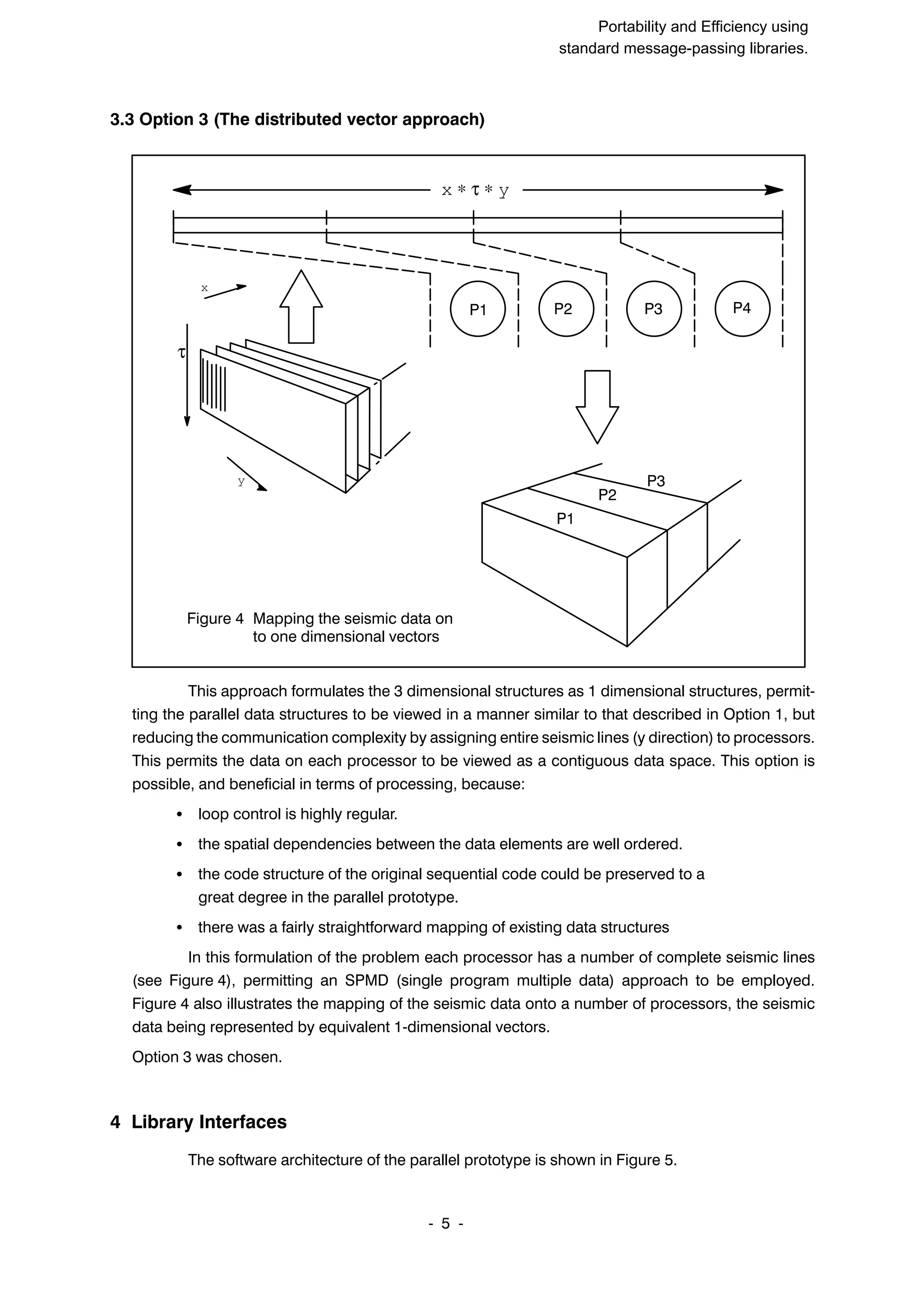 SuperCan2 (Interleaf) Portability and Efficiency using standard message-passing libraries. 5 ĆĆ 3.3 Option 3 (The distributed vector approach) Figure 4 Mapping the seismic data on to one dimensional vectors τ y x x ∗ τ ∗ y P1 P2 P3 P1 P2 P3 P4 This approach formulates the 3 dimensional structures as 1 dimensional structures, permitĆ ting the parallel data structures to be viewed in a manner similar to that described in Option 1, but reducing the communication complexity by assigning entire seismic lines (y direction) to processors. This permits the data on each processor to be viewed as a contiguous data space. This option is possible, and beneficial in terms of processing, because: S loop control is highly regular. S the spatial dependencies between the data elements are well ordered. S the code structure of the original sequential code could be preserved to a great degree in the parallel prototype. S there was a fairly straightforward mapping of existing data structures In this formulation of the problem each processor has a number of complete seismic lines (see Figure 4), permitting an SPMD (single program multiple data) approach to be employed. Figure 4 also illustrates the mapping of the seismic data onto a number of processors, the seismic data being represented by equivalent 1Ćdimensional vectors. Option 3 was chosen. 4 Library Interfaces The software architecture of the parallel prototype is shown in Figure 5. 