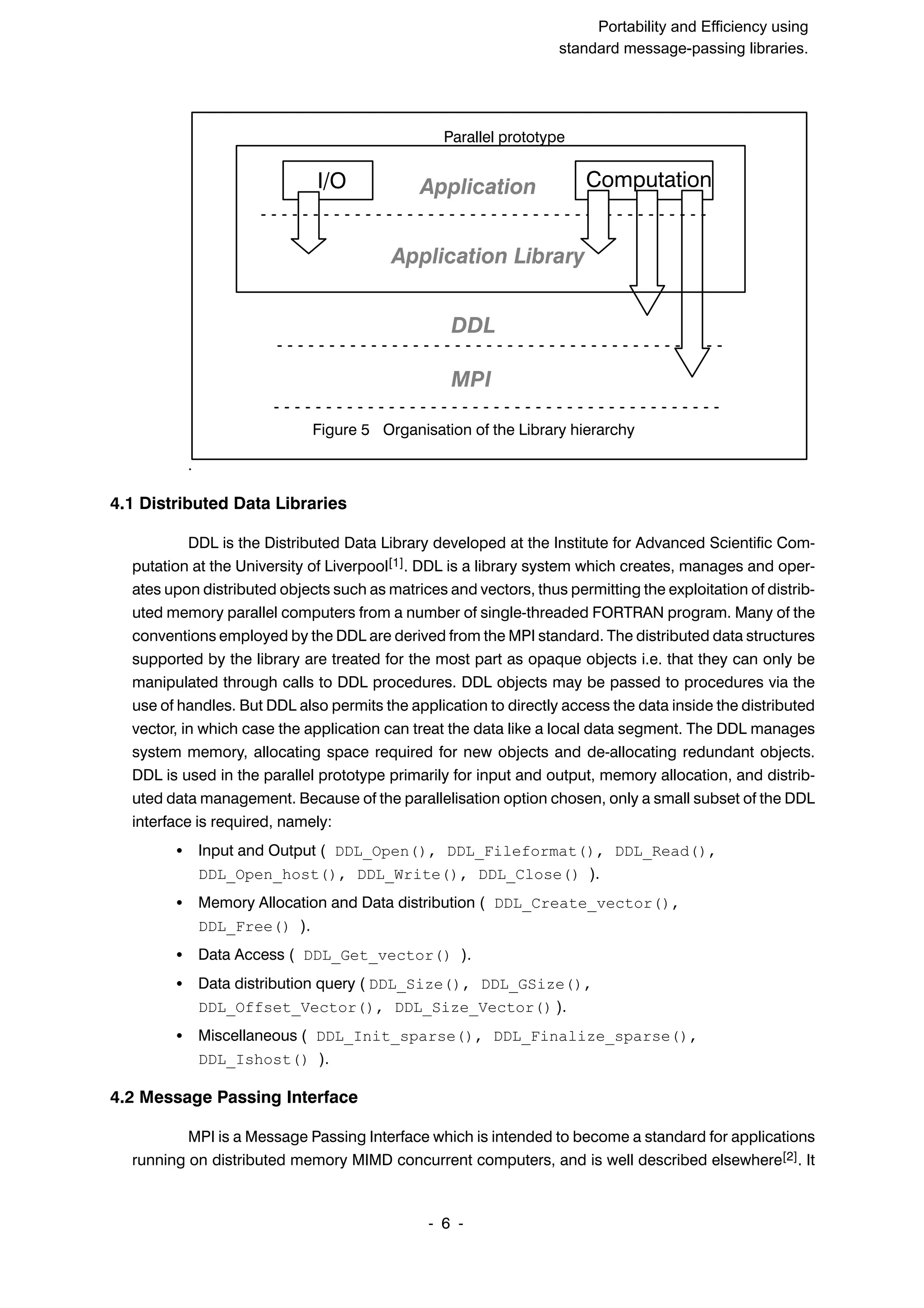 SuperCan2 (Interleaf) Portability and Efficiency using standard message-passing libraries. 6 ĆĆ . I/O Computation MPI DDL Application Parallel prototype Figure 5 Organisation of the Library hierarchy Application Library 4.1 Distributed Data Libraries DDL is the Distributed Data Library developed at the Institute for Advanced Scientific ComĆ putation at the University of Liverpool[1]. DDL is a library system which creates, manages and operĆ ates upon distributed objects such as matrices and vectors, thus permitting the exploitation of distribĆ uted memory parallel computers from a number of singleĆthreaded FORTRAN program. Many of the conventions employed by the DDL are derived from the MPI standard. The distributed data structures supported by the library are treated for the most part as opaque objects i.e. that they can only be manipulated through calls to DDL procedures. DDL objects may be passed to procedures via the use of handles. But DDL also permits the application to directly access the data inside the distributed vector, in which case the application can treat the data like a local data segment. The DDL manages system memory, allocating space required for new objects and deĆallocating redundant objects. DDL is used in the parallel prototype primarily for input and output, memory allocation, and distribĆ uted data management. Because of the parallelisation option chosen, only a small subset of the DDL interface is required, namely: S Input and Output ( DDL_Open(), DDL_Fileformat(), DDL_Read(), DDL_Open_host(), DDL_Write(), DDL_Close() ). S Memory Allocation and Data distribution ( DDL_Create_vector(), DDL_Free() ). S Data Access ( DDL_Get_vector() ). S Data distribution query ( DDL_Size(), DDL_GSize(), DDL_Offset_Vector(), DDL_Size_Vector() ). S Miscellaneous ( DDL_Init_sparse(), DDL_Finalize_sparse(), DDL_Ishost() ). 4.2 Message Passing Interface MPI is a Message Passing Interface which is intended to become a standard for applications running on distributed memory MIMD concurrent computers, and is well described elsewhere[2]. It 