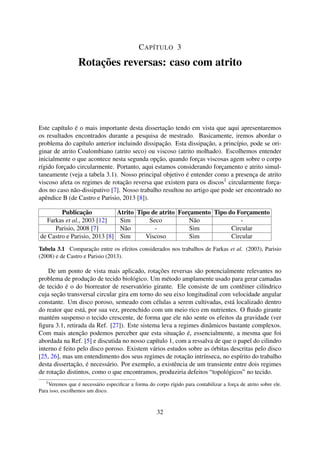 CAPÍTULO 3
Rotações reversas: caso com atrito
Este capítulo é o mais importante desta dissertação tendo em vista que aqui apresentaremos
os resultados encontrados durante a pesquisa de mestrado. Basicamente, iremos abordar o
problema do capítulo anterior incluindo dissipação. Esta dissipação, a princípio, pode se ori-
ginar de atrito Coulombiano (atrito seco) ou viscoso (atrito molhado). Escolhemos entender
inicialmente o que acontece nesta segunda opção, quando forças viscosas agem sobre o corpo
rígido forçado circularmente. Portanto, aqui estamos considerando forçamento e atrito simul-
taneamente (veja a tabela 3.1). Nosso principal objetivo é entender como a presença de atrito
viscoso afeta os regimes de rotação reversa que existem para os discos1
circularmente força-
dos no caso não-dissipativo [7]. Nosso trabalho resultou no artigo que pode ser encontrado no
apêndice B (de Castro e Parisio, 2013 [8]).
Publicação Atrito Tipo de atrito Forçamento Tipo do Forçamento
Farkas et al., 2003 [12] Sim Seco Não -
Parisio, 2008 [7] Não - Sim Circular
de Castro e Parisio, 2013 [8] Sim Viscoso Sim Circular
Tabela 3.1 Comparação entre os efeitos considerados nos trabalhos de Farkas et al. (2003), Parisio
(2008) e de Castro e Parisio (2013).
De um ponto de vista mais aplicado, rotações reversas são potencialmente relevantes no
problema de produção de tecido biológico. Um método amplamente usado para gerar camadas
de tecido é o do biorreator de reservatório girante. Ele consiste de um contêiner cilíndrico
cuja seção transversal circular gira em torno do seu eixo longitudinal com velocidade angular
constante. Um disco poroso, semeado com células a serem cultivadas, está localizado dentro
do reator que está, por sua vez, preenchido com um meio rico em nutrientes. O ﬂuido girante
mantém suspenso o tecido crescente, de forma que ele não sente os efeitos da gravidade (ver
ﬁgura 3.1, retirada da Ref. [27]). Este sistema leva a regimes dinâmicos bastante complexos.
Com mais atenção podemos perceber que esta situação é, essencialmente, a mesma que foi
abordada na Ref. [5] e discutida no nosso capítulo 1, com a ressalva de que o papel do cilindro
interno é feito pelo disco poroso. Existem vários estudos sobre as órbitas descritas pelo disco
[25, 26], mas um entendimento dos seus regimes de rotação intrínseca, no espírito do trabalho
desta dissertação, é necessário. Por exemplo, a existência de um transiente entre dois regimes
de rotação distintos, como o que encontramos, produziria defeitos “topológicos” no tecido.
1
Veremos que é necessário especiﬁcar a forma do corpo rígido para contabilizar a força de atrito sobre ele.
Para isso, escolhemos um disco.
32
 
