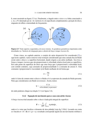 3.1 CASO COM ATRITO VISCOSO 34
l, como mostrado na ﬁgura 3.3 (a). Finalmente, o ângulo entre o eixo-x e a linha conectando o
c. m. e P é denotado por φ. As variáveis r e φ especiﬁcam completamente a posição do disco,
enquanto ω reﬂete a intensidade do forçamento.
c.m.
x
y
O
P
r
ld
t
(a)
c.m.
x
y
O
r
s ρ
dA = d d
(b)
Figura 3.3 Visão superior, esquemática, do nosso sistema. As grandezas geométricas importantes estão
desenhadas (a). Variáveis de integração para o cálculo de força e torque viscosos (b).
Como vimos, no capítulo anterior, o cenário de atrito desprezível foi considerado [7] e,
aqui neste capítulo, vamos remover estar restrição considerando que uma camada ﬁna de ﬂuido
existe entre o disco e a superfície horizontal, dando origem a um atrito molhado. Isso leva a
forças e torques viscosos que são proporcionais à velocidade relativa local entre as superfícies.
Em cada ponto da superfície do disco age uma força que é proporcional à velocidade local,
com sentido contrário, cuja constante de proporcionalidade é a constante de arrasto b. Esta
constante é proporcional à viscosidade η do ﬂuido molhante de tal forma que
b ∼
Aη
h
(3.1)
onde A é área de contato entre o disco e o ﬂuido e h é a espessura da camada de ﬂuido presente.
Note que consideramos um ﬂuido newtoniano. Assim, temos
η ∼
F/A
velocidade/espessura
, (3.2)
de onde podemos chegar na relação 3.1 (ver ﬁgura 3.4).
3.1.2 Equação de movimento para o caso com atrito viscoso
A força viscosa total atuando sobre o disco é dada pela integral de superfície
F = −
b
πR2
disco
˙s ρdαdρ , (3.3)
onde s é o vetor que localiza o elemento de área ρdαdρ [veja ﬁg 3.3(b)]. Levando em conta
os vínculos r+l = d e r+ρ = s, o resultado corresponde àquele de um movimento retilíneo e
 