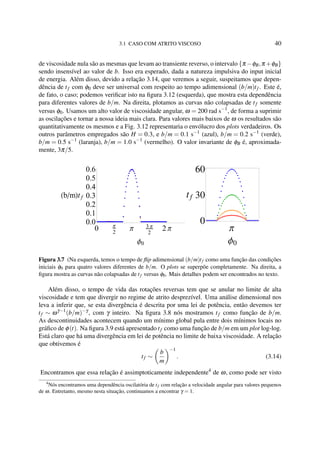 3.1 CASO COM ATRITO VISCOSO 40
de viscosidade nula são as mesmas que levam ao transiente reverso, o intervalo {π −φB,π +φB}
sendo insensível ao valor de b. Isso era esperado, dada a natureza impulsiva do input inicial
de energia. Além disso, devido a relação 3.14, que veremos a seguir, suspeitamos que depen-
dência de tf com φ0 deve ser universal com respeito ao tempo adimensional (b/m)tf . Este é,
de fato, o caso; podemos veriﬁcar isto na ﬁgura 3.12 (esquerda), que mostra esta dependência
para diferentes valores de b/m. Na direita, plotamos as curvas não colapsadas de tf somente
versus φ0. Usamos um alto valor de viscosidade angular, ω = 200 rad s−1
, de forma a suprimir
as oscilações e tornar a nossa ideia mais clara. Para valores mais baixos de ω os resultados são
quantitativamente os mesmos e a Fig. 3.12 representaria o envólucro dos plots verdadeiros. Os
outros parâmetros empregados são H = 0.3, e b/m = 0.1 s−1
(azul), b/m = 0.2 s−1
(verde),
b/m = 0.5 s−1
(laranja), b/m = 1.0 s−1
(vermelho). O valor invariante de φB é, aproximada-
mente, 3π/5.
0 Π
2
Π 3 Π
2
2 Π
0.0
0.1
0.2
0.3
0.4
0.5
0.6
Φ0
b m tf
Π
0
30
60
Φ0
tf
Figura 3.7 (Na esquerda, temos o tempo de ﬂip adimensional (b/m)tf como uma função das condições
iniciais φ0 para quatro valores diferentes de b/m. O plots se superpõe completamente. Na direita, a
ﬁgura mostra as curvas não colapsadas de tf versus φ0. Mais detalhes podem ser encontrados no texto.
Além disso, o tempo de vida das rotações reversas tem que se anular no limite de alta
viscosidade e tem que divergir no regime de atrito desprezível. Uma análise dimensional nos
leva a inferir que, se esta divergência é descrita por uma lei de potência, então devemos ter
tf ∼ ωγ−1
(b/m)−γ
, com γ inteiro. Na ﬁgura 3.8 nós mostramos tf como função de b/m.
As descontinuidades acontecem quando um mínimo global pula entre dois mínimos locais no
gráﬁco de φ(t). Na ﬁgura 3.9 está apresentado tf como uma função de b/m em um plot log-log.
Está claro que há uma divergência em lei de potência no limite de baixa viscosidade. A relação
que obtivemos é
tf ∼
b
m
−1
. (3.14)
Encontramos que essa relação é assimptoticamente independente4
de ω, como pode ser visto
4
Nós encontramos uma dependência oscilatória de tf com relação a velocidade angular para valores pequenos
de ω. Entretanto, mesmo nesta situação, continuamos a encontrar γ = 1.
 