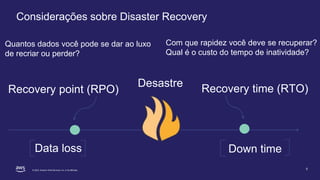 © 2022, Amazon Web Services, Inc. or its affiliates.
Considerações sobre Disaster Recovery
5
Desastre
Recovery point (RPO)...