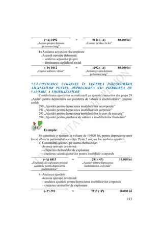 113
(+A) 1092 = 5121 (–A) 80.000 lei
„Acţiuni proprii deţinute
pe termen lung”
„Conturi la bănci în lei”
b) Anularea acţiunilor răscumpărate
Această operaţie determină:
– scăderea acţiunilor proprii
– diminuarea capitalului social
(–P) 1012 = 1092 (–A) 80.000 lei
„Capital subscris vărsat” „Acţiuni proprii deţinute
pe termen lung”
7.2.4. CONTURILE UTILIZATE ÎN VEDEREA ÎNREGISTRĂRII
AJUSTĂRILOR PENTRU DEPRECIEREA SAU PIERDEREA DE
VALOARE A IMOBILIZĂRILOR
Contabilitatea ajustărilor se realizează cu ajutorul conturilor din grupa 29
„Ajutări pentru deprecierea sau pierderea de valoare a imobilizărilor”, grupate
astfel:
290 „Ajustări pentru deprecierea imobilizărilor necorporale”
291 „Ajustări pentru deprecierea imobilizărilor corporale”
293 „Ajustări pentru deprecierea imobilizărilor în curs de execuţie”
296 „Ajustări pentru pierderea de valoare a imobilizărilor financiare”
Exemplu:
Se constituie o ajustare în valoare de 10.000 lei, pentru deprecierea unei
livezi aflate în patrimoniul societăţii. Peste 5 ani, are loc anularea ajustării.
a) Constituirea ajustării pe seama cheltuielilor:
Aceasta operaţie determină:
– creşterea cheltuielilor de exploatare
– creşterea valorii ajustărilor pentru imobilizări corporale
(+A) 6813 = 291 (+P) 10.000 lei
„Cheltuieli de exploatare privind
ajustările pentru deprecierea
imobilizărilor”
„Ajustări pentru deprecierea
imobilizărilor corporale”
b) Anularea ajustării:
Aceasta operaţie determină:
– anularea ajustării pentru deprecierea imobilizărilor corporale
– creşterea veniturilor de exploatare
(–P) 291 = 7813 (+P) 10.000 lei
 