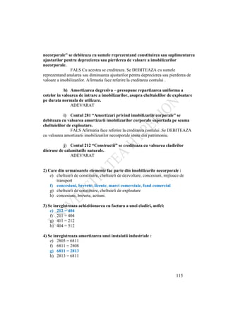 115
necorporale” se debiteaza cu sumele reprezentand constituirea sau suplimentarea
ajustarilor pentru deprecierea sau pierderea de valoare a imobilizarilor
necorporale.
FALS Cu acestea se crediteaza. Se DEBITEAZA cu sumele
reprezentand anularea sau diminuarea ajustarilor pentru deprecierea sau pierderea de
valoare a imobilizarilor. Afirmatia face referire la creditarea contului .
h) Amortizarea degresiva – presupune repartizarea uniforma a
cotelor in valoarea de intrare a imobilizarilor, asupra cheltuielilor de exploatare
pe durata normala de utilizare.
ADEVARAT
i) Contul 281 “Amortizari privind imobilizarile corporale” se
debiteaza cu valoarea amortizarii imobilizarilor corporale suportada pe seama
cheltuielilor de exploatare.
FALS Afirmatia face referire la creditarea contului .Se DEBITEAZA
cu valoarea amortizarii imobilizarilor necorporale iesite din patrimoniu.
j) Contul 212 “Constructii” se crediteaza cu valoarea cladirilor
distruse de calamitatile naturale.
ADEVARAT
2) Care din urmatoarele elemente fac parte din imobilizarile necorporale :
e) cheltuieli de constituire, cheltuieli de dezvoltare, concesiuni, mijloace de
transport
f) concesiuni, brevete, licente, marci comerciale, fond comercial
g) cheltuieli de constituire, cheltuieli de exploatare
h) concesiuni, brevete, actiuni.
3) Se inregistreaza achizitionarea cu factura a unei cladiri, astfel:
e) 212 = 404
f) 211 = 404
g) 411 = 212
h) 404 = 512
4) Se inregistreaza amortizarea unei instalatii industriale :
e) 2805 = 6811
f) 6811 = 2808
g) 6811 = 2813
h) 2813 = 6811
 