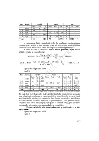 123
Data Explic. Intrări Ieşiri Stoc
Cant. Preţ Val. Cant. Preţ Val. Cant. Preţ Val.
Sold I 30 30 900 30
11.08 Intrare 65 35 2275 95
18.08 Ieşire 50 34,28 1714 45
22.08 Intrare 30 37 1110 75
27.08 Ieşire 25 34,28 857 50
Total 125 4285 75 2571 50 34.28 1714
În varianta mai facilă a evaluării ieşirilor din stoc la cost mediu ponderat
calculat lunar, ieşirile nu sunt evaluate în cursul lunii, ci sunt urmărite numai
cantitativ sau se pot evalua la costul mediu ponderat al lunii precedente.
În cazul în care se calculează costul mediu ponderat după fiecare
intrare, situaţia se prezintă astfel:
CMP la 11.08 42
,
33
95
3175
65
30
35
65
30
30
lei/bucată
CMP la 22.08 85
,
34
75
2614
30
50
65
30
)
37
30
(
]
42
.
33
)
50
65
30
[(
lei/bucată
Fişa de stoc se prezintă astfel:
Marfa X
Data Explic. Intrări Ieşiri Stoc
Cant. Preţ Val. Cant. Preţ Val. Cant. Preţ Val.
Sold I 30 30 900 30 30 900
11.08 Intrare 65 35 2275 95 33.42 3174.9
18.08 Ieşire 50 33.42 1671 45 33.42 1503.9
22.08 Intrare 30 37 1110 75 34.85 2613.75
27.08 Ieşire 25 34,85 871.25 50 34.85 1742.5
Total 125 4285 75 2542.25 50 34.85 1742.5
Dacă vom compara cele două variante, constatăm ca evaluarea ieşirilor
din stoc după metoda costului mediu ponderat calculat lunar prezintă avantajul
unui calcul mai simplu, dar nu permite stabilirea valorii ieşirilor în cursul lunii.
Metoda costului mediu ponderat calculat după fiecare intrare oferă posibilitatea
evaluării ieşirilor în cursul perioadei de gestiune (lunii), deşi prezintă incon-
venientul unui calcul mai complex care poate fi eliminat, totuşi, prin utilizarea
programelor informatice, care uşurează efortul contabililor.
 Evaluarea ieşirilor din stoc după metoda primei intrări – primei
ieşiri (FIFO)
Fişa de stoc se prezintă astfel:
Marfa X
 