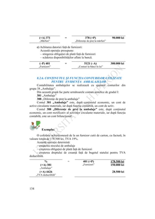 134
(+A) 371 = 378 (+P) 90.000 lei
„Mărfuri” „Diferenţe de preţ la mărfuri”
c) Achitarea datoriei faţă de furnizori:
Această operaţie presupune:
– stingerea obligaţiei de plată faţă de furnizori
– scăderea disponibilităţilor aflate la bancă.
(–P) 401 = 5121 (–A) 300.000 lei
„Furnizori” „Conturi la bănci în lei”
8.2.6. CONŢINUTUL ŞI FUNCŢIA CONTURILOR UTILIZATE
PENTRU EVIDENŢA AMBALAJELOR
Contabilitatea ambalajelor se realizează cu ajutorul conturilor din
grupa 38 „Ambalaje”.
Din această grupă fac parte următoarele conturi sintetice de gradul I:
381 „Ambalaje”
388 „Diferenţe de preţ la ambalaje”
Contul 381 „Ambalaje” este, după conţinutul economic, un cont de
active circulante materiale, iar după funcţia contabilă, un cont de activ.
Contul 388 „Diferenţe de preţ la ambalaje” este, după conţinutul
economic, un cont rectificativ al activelor circulante materiale, iar după funcţia
contabilă, este un cont bifuncţional.
Exemplu:
O cofetărie achiziţionează de la un furnizor cutii de carton, cu factură, în
valoare totala de 178.500 lei, TVA 19%.
Această operaţie determină:
– creşterea stocului de ambalaje
– creşterea obligaţiei de plată faţă de furnizori
– creşterea dreptului de creanţă faţă de bugetul statului pentru TVA
deductibilă.
% = 401 (+P) 178.500 lei
(+A) 381 „Furnizori” 150.000 lei
„Ambalaje”
(+A) 4426 28.500 lei
„TVA deductibilă”
 