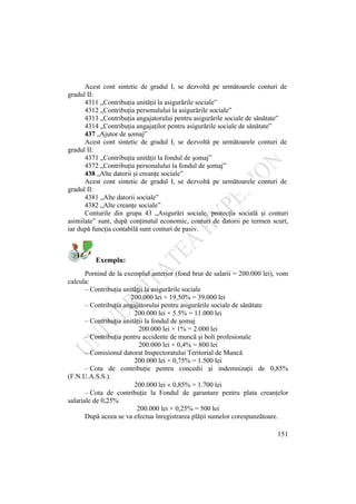 151
Acest cont sintetic de gradul I, se dezvoltă pe următoarele conturi de
gradul II:
4311 „Contribuţia unităţii la asigurările sociale”
4312 „Contribuţia personalului la asigurările sociale”
4313 „Contribuţia angajatorului pentru asigurările sociale de sănătate”
4314 „Contribuţia angajaţilor pentru asigurările sociale de sănătate”
437 „Ajutor de şomaj”
Acest cont sintetic de gradul I, se dezvoltă pe următoarele conturi de
gradul II:
4371 „Contribuţia unităţii la fondul de şomaj”
4372 „Contribuţia personalului la fondul de şomaj”
438 „Alte datorii şi creanţe sociale”
Acest cont sintetic de gradul I, se dezvoltă pe următoarele conturi de
gradul II:
4381 „Alte datorii sociale”
4382 „Alte creanţe sociale”
Conturile din grupa 43 „Asigurări sociale, protecţia socială şi conturi
asimilate” sunt, după conţinutul economic, conturi de datorii pe termen scurt,
iar după funcţia contabilă sunt conturi de pasiv.
Exemplu:
Pornind de la exemplul anterior (fond brut de salarii = 200.000 lei), vom
calcula:
– Contribuţia unităţii la asigurările sociale
200.000 lei × 19,50% = 39.000 lei
– Contribuţia angajatorului pentru asigurările sociale de sănătate
200.000 lei × 5.5% = 11.000 lei
– Contribuţia unităţii la fondul de şomaj
200.000 lei × 1% = 2.000 lei
– Contribuţia pentru accidente de muncă şi boli profesionale
200.000 lei × 0,4% = 800 lei
– Comisionul datorat Inspectoratului Teritorial de Muncă
200.000 lei × 0,75% = 1.500 lei
– Cota de contribuţie pentru concedii şi indemnizaţii de 0,85%
(F.N.U.A.S.S.).
200.000 lei 0,85% = 1.700 lei
– Cota de contribuţie la Fondul de garantare pentru plata creanţelor
salariale de 0,25%
200.000 lei × 0,25% = 500 lei
După aceea se va efectua înregistrarea plăţii sumelor corespunzătoare.
 