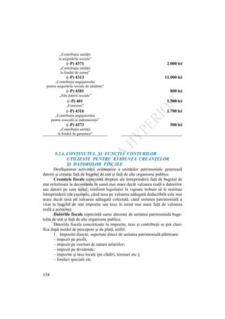 154
„Contribuţia unităţii
la asigurările sociale”
(–P) 4371 2.000 lei
„Contribuţia unităţii
la fondul de şomaj”
(–P) 4313 11.000 lei
„Contribuţia angajatorului
pentru asigurările sociale de sănătate”
(–P) 4381 800 lei
„Alte datorii sociale”
(–P) 401 1.500 lei
„Furnizori”
(–P) 4316 1.700 lei
„Contribuţia angajatorului
pentru concedii şi indemnizaţii”
(–P) 4373 500 lei
„Contribuţia unităţii
la fondul de garantare”
9.2.4. CONŢINUTUL ŞI FUNCŢIA CONTURILOR
UTILIZATE PENTRU EVIDENŢA CREANŢELOR
ŞI DATORIILOR FISCALE
Desfăşurarea activităţii economice a unităţilor patrimoniale generează
datorii şi creanţe faţă de bugetul de stat şi faţă de alte organisme publice.
Creanţele fiscale reprezintă drepturi ale întreprinderii faţă de bugetul de
stat referitoare la decontările în sumă mai mare decât valoarea reală a datoriilor
sau datorii pe care statul, conform legislaţiei în vigoare trebuie să le restituie
întreprinderii (de exemplu, când taxa pe valoarea adăugată deductibilă este mai
mare decât taxa pe valoarea adăugată colectată; când unitatea patrimonială a
virat la bugetul de stat impozite sau taxe în sumă mai mare faţă de valoarea
reală a acestora).
Datoriile fiscale reprezintă sume datorate de unitatea patrimonială buge-
tului de stat şi faţă de alte organisme publice.
Datoriile fiscale concretizate în impozite, taxe şi contribuţii se pot clasi-
fica după modul de percepere şi de plată, astfel:
1. Impozite directe, suportate direct de unitatea patrimonială plătitoare:
– impozit pe profit;
– impozit pe venituri de natura salariilor;
– impozit pe dividende;
– impozite şi taxe locale (pe clădiri, terenuri etc.);
– fonduri speciale etc.
 