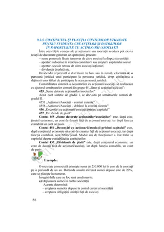 156
9.2.5. CONŢINUTUL ŞI FUNCŢIA CONTURILOR UTILIZATE
PENTRU EVIDENŢA CREANŢELOR ŞI DATORIILOR
ÎN RAPORTURILE CU ACŢIONARII /ASOCIAŢII
Între societăţile comerciale şi acţionarii sau asociaţii acestora pot exista
relaţii de decontare generate de operaţiuni, precum:
– sume personale lăsate temporar de către asociaţi la dispoziţia unităţii
– aporturi subscrise în vederea constituirii sau creşterii capitalului social
– aporturi sociale retrase de către asociaţi/acţionari
– dividende de plată etc.
Dividendul reprezintă o distribuire în bani sau în natură, efectuată de o
persoană juridică unui participant la persoana juridică, drept consecinţă a
deţinerii unor titluri de participare la acea persoană juridică.
Contabilitatea sintetică a decontărilor cu acţionarii/asociaţii se realizează
cu ajutorul următoarelor conturi din grupa 45 „Grup şi acţionari/asociaţi”:
455 „Sume datorate acţionarilor/asociaţilor”
Acest cont sintetic de gradul I, se dezvoltă pe următoarele conturi de
gradul II:
4551 „Acţionari/Asociaţi – conturi curente”
4558 „Acţionari/Asociaţi – dobânzi la conturi curente”
456 „Decontări cu acţionarii/asociaţii privind capitalul”
457 „Dividende de plată”
Contul 455 „Sume datorate acţionarilor/asociaţilor” este, după con-
ţinutul economic, un cont de datorii faţă de acţionari/asociaţi, iar după funcţia
contabilă un cont de pasiv.
Contul 456 „Decontări cu acţionarii/asociaţii privind capitalul” este,
după conţinutul economic un cont de creanţe faţă de acţionari/asociaţi, iar după
funcţia contabilă, cont bifuncţional. Modul sau de funcţionare a fost tratat la
capitolul despre contabilitatea capitalurilor.
Contul 457 „Dividende de plată” este, după conţinutul economic, un
cont de datorii faţă de acţionari/asociaţi, iar după funcţia contabilă, un cont
de pasiv.
Exemplu:
O societate comercială primeşte suma de 250.000 lei în cont de la asociaţi
pe o perioadă de un an. Dobânda anuală aferentă sumei depuse este de 20%,
care se plăteşte în numerar.
Înregistrările care au loc sunt următoarele:
a) Depunerea sumei în contul societăţii
Aceasta determină:
– creşterea sumelor depuse în contul curent al societăţii
– creşterea obligaţiei unităţii faţă de asociaţi
 
