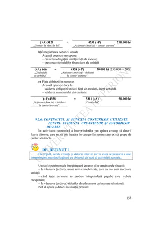 157
(+A) 5121 = 4551 (+P) 250.000 lei
„Conturi la bănci în lei” „Acţionari/Asociaţi – conturi curente”
b) Înregistrarea dobânzii anuale
Această operaţie presupune:
– creşterea obligaţiei unităţii faţă de asociaţi
– creşterea cheltuielilor financiare ale unităţii
(+A) 666 = 4558 (+P) 50.000 lei (250.000 × 20%)
„Cheltuieli
cu dobânzi”
„Acţionari/Asociaţi – dobânzi
la conturi curente”
c) Plata dobânzii în numerar
Această operaţie duce la:
– scăderea obligaţiei unităţii faţă de asociaţi, drept dobândă
– scăderea numerarului din casierie
(–P) 4558 = 5311 (–A) 50.000 lei
„Acţionari/Asociaţi – dobânzi
la conturi curente”
„Casa în lei”
9.2.6. CONŢINUTUL ŞI FUNCŢIA CONTURILOR UTILIZATE
PENTRU EVIDENŢA CREANŢELOR ŞI DATORIILOR
DIVERSE
În activitatea economică a întreprinderilor pot apărea creanţe şi datorii
foarte diverse, care nu se pot încadra în categoriile pentru care există grupe de
conturi distincte.
DE REŢINUT !
De regulă, aceste creanţe şi datorii intervin rar în viaţa economică a unei
întreprinderi, neavând legătură cu obiectul de bază al activităţii acesteia.
Unităţile patrimoniale înregistrează creanţe şi în următoarele situaţii:
– la vânzarea (cedarea) unor active imobilizate, care nu mai sunt necesare
unităţii;
– când terţe persoane au produs întreprinderii pagube care trebuie
recuperate;
– la vânzarea (cedarea) titlurilor de plasament cu încasare ulterioară.
Pot să apară şi datorii în situaţii precum:
 