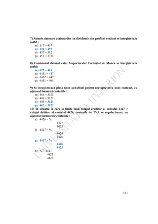161
7) Sumele datorate actionarilor ca dividende din profitul realizat se inregistreaza
astfel :
m) 117 = 457
n) 129 = 457
o) 457 = 512
p) 457 = 5311
8) Comisionul datorat catre Inspectoratul Teritorial de Munca se inregistreaza
astfel:
m) 622 = 401
n) 6451 = 447
o) 6452 = 447
p) 6451 = 401
9) Se inregistreaza plata unor penalitati pentru nerespectarea unui contract, cu
ajutorul formulei contabile :
m) 461 = 5121
n) 401 = 5121
o) 404 = 5121
p) 462 = 5121
10) In situatia in care la finele lunii rulajul creditor al contului 4427 >
rulajul debitor al contului 4426, conturile de TVA se regularizeaza, cu
ajutorul formulelor contabile :
e) 4426 = %
4427
4423
f) 4427 = %
4424
4426
g) 4427 = %
4426
4423
h) % = 4427
4423
4426
 