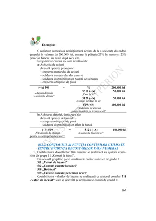 167
Exemplu:
O societate comercială achiziţionează acţiuni de la o societate din cadrul
grupului în valoare de 200.000 lei, pe care le plăteşte 25% în numerar, 25%
prin cont bancar, iar restul după zece zile.
Înregistrările care au loc sunt următoarele:
a) Achiziţia de acţiuni
Această operaţie presupune:
– creşterea numărului de acţiuni
– scăderea numerarului din casierie
– scăderea disponibilităţilor băneşti de la bancă
– creşterea obligaţiei de plată
(+A) 501 = % 200.000 lei
„Acţiuni deţinute
la entităţile afiliate”
5311 (–A) 50.000 lei
„Casa în lei”
5121 (–A) 50.000 lei
„Conturi la bănci în lei”
509 (+P) 100.000 lei
„Vărsăminte de efectuat
pentru investiţii pe termen scurt”
b) Achitarea datoriei, după zece zile
Această operaţie determină:
– stingerea obligaţiei de plată
– scăderea disponibilităţilor aflate la bancă
(–P) 509 = 5121 (–A) 100.000 lei
„Vărsăminte de efectuat
pentru investiţii pe termen scurt”
„Conturi la bănci în lei”
10.2.2. CONŢINUTUL ŞI FUNCŢIA CONTURILOR UTILIZATE
PENTRU EVIDENŢA DECONTĂRILOR FĂRĂ NUMERAR
Contabilitatea decontărilor fără numerar se realizează cu ajutorul contu-
rilor din grupa 51 „Conturi la bănci”.
Din această grupă fac parte următoarele conturi sintetice de gradul I:
511 „Valori de încasat”
512 „Conturi curente la bănci”
518 „Dobânzi”
519 „Credite bancare pe termen scurt”
Contabilitatea valorilor de încasat se realizează cu ajutorul contului 511
„Valori de încasat”, care se dezvoltă pe următoarele conturi de gradul II:
 