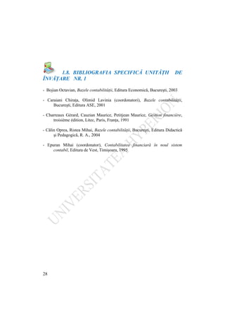 28
1.8. BIBLIOGRAFIA SPECIFICĂ UNITĂŢII DE
ÎNVĂŢARE NR. 1
- Bojian Octavian, Bazele contabilităţii, Editura Economică, Bucureşti, 2003
- Caraiani Chiraţa, Olimid Lavinia (coordonatori), Bazele contabilităţii,
Bucureşti, Editura ASE, 2001
- Charreaux Gérard, Cauzian Maurice, Petitjean Maurice, Gestion financière,
troisième édition, Litec, Paris, Franţa, 1991
- Călin Oprea, Ristea Mihai, Bazele contabilităţii, Bucureşti, Editura Didactică
şi Pedagogică, R. A., 2004
- Epuran Mihai (coordonator), Contabilitatea financiară în noul sistem
contabil, Editura de Vest, Timişoara, 1995
 