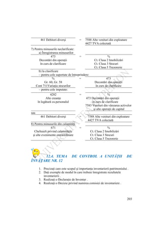 203
461 Debitori diverşi = 7588 Alte venituri din exploatare
4427 TVA colectată
7) Pentru minusurile neclarificate:
a) Înregistrarea minusurilor
473 = %
Decontări din operaţii
în curs de clarificare
Ct. Clasa 2 Imobilizări
Ct. Clasa 3 Stocuri
Ct. Clasa 5 Trezorerie
b) la clasificare
– pentru cele suportate de întreprindere:
% = 473
Gr. 60, Gr. 58
Cont 711Variaţia stocurilor
Decontări din operaţii
în curs de clarificare
– pentru cele imputate:
4282 = %
Alte creanţe
în legătură cu personalul
473 Decontări din operaţii
în curs de clarificare
7583 Venituri din vânzarea activelor
şi alte operaţii de capital
sau
461 Debitori diverşi = 7588 Alte venituri din exploatare
4427 TVA colectată
8) Pentru minusurile din calamităţi
671 = %
Cheltuieli privind calamităţile
şi alte evenimente extraordinare
Ct. Clasa 2 Imobilizări
Ct. Clasa 3 Stocuri
Ct. Clasa 5 Trezorerie
12.4. TEMA DE CONTROL A UNITĂŢII DE
ÎNVĂŢARE NR. 12
1. Precizaţi care este scopul şi importanţa inventarierii patrimoniului .
2. Daţi exemple de modul în care trebuie înregistrate rezultatele
inventarierii .
3. Realizaţi o Declaraţie de Inventar .
4. Realizaţi o Decizie privind numirea comisiei de inventariere .
 