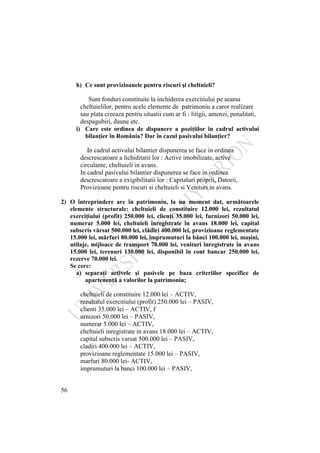 56
h) Ce sunt provizioanele pentru riscuri şi cheltuieli?
Sunt fonduri constituite la inchiderea exercitiului pe seama
cheltuielilor, pentru acele elemente de patrimoniu a caror realizare
sau plata creeaza pentru situatii cum ar fi : litigii, amenzi, penalitati,
despagubiri, daune etc.
i) Care este ordinea de dispunere a poziţiilor în cadrul activului
bilanţier în România? Dar în cazul pasivului bilanţier?
In cadrul activului bilantier dispunerea se face in ordinea
descrescatoare a lichiditatii lor : Active imobilizate, active
circulante, cheltuieli in avans.
In cadrul pasivului bilantier dispunerea se face in ordinea
descrescatoare a exigibilitatii lor : Capitaluri proprii, Datorii,
Provizioane pentru riscuri si cheltuieli si Venituri in avans.
2) O întreprindere are în patrimoniu, la un moment dat, următoarele
elemente structurale: cheltuieli de constituire 12.000 lei, rezultatul
exerciţiului (profit) 250.000 lei, clienţi 35.000 lei, furnizori 50.000 lei,
numerar 5.000 lei, cheltuieli înregistrate în avans 18.000 lei, capital
subscris vărsat 500.000 lei, clădiri 400.000 lei, provizioane reglementate
15.000 lei, mărfuri 80.000 lei, împrumuturi la bănci 100.000 lei, maşini,
utilaje, mijloace de transport 70.000 lei, venituri înregistrate în avans
15.000 lei, terenuri 130.000 lei, disponibil în cont bancar 250.000 lei,
rezerve 70.000 lei.
Se cere:
a) separaţi activele şi pasivele pe baza criteriilor specifice de
apartenenţă a valorilor la patrimoniu;
cheltuieli de constituire 12.000 lei – ACTIV,
rezultatul exercitiului (profit) 250.000 lei – PASIV,
clienti 35.000 lei – ACTIV, f
urnizori 50.000 lei – PASIV,
numerar 5.000 lei – ACTIV,
cheltuieli inregistrate in avans 18.000 lei – ACTIV,
capital subscris varsat 500.000 lei – PASIV,
cladiri 400.000 lei – ACTIV,
provizioane reglementate 15.000 lei – PASIV,
marfuri 80.000 lei- ACTIV,
imprumuturi la banci 100.000 lei – PASIV,
 