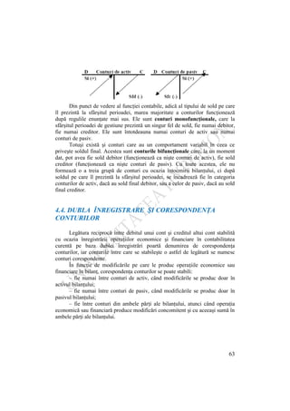 63
Din punct de vedere al funcţiei contabile, adică al tipului de sold pe care
îl prezintă la sfârşitul perioadei, marea majoritate a conturilor funcţionează
după regulile enunţate mai sus. Ele sunt conturi monofuncţionale, care la
sfârşitul perioadei de gestiune prezintă un singur fel de sold, fie numai debitor,
fie numai creditor. Ele sunt întotdeauna numai conturi de activ sau numai
conturi de pasiv.
Totuşi există şi conturi care au un comportament variabil în ceea ce
priveşte soldul final. Acestea sunt conturile bifuncţionale care, la un moment
dat, pot avea fie sold debitor (funcţionează ca nişte conturi de activ), fie sold
creditor (funcţionează ca nişte conturi de pasiv). Cu toate acestea, ele nu
formează o a treia grupă de conturi cu ocazia întocmirii bilanţului, ci după
soldul pe care îl prezintă la sfârşitul perioadei, se încadrează fie în categoria
conturilor de activ, dacă au sold final debitor, sau a celor de pasiv, dacă au sold
final creditor.
4.4. DUBLA ÎNREGISTRARE ŞI CORESPONDENŢA
CONTURILOR
Legătura reciprocă între debitul unui cont şi creditul altui cont stabilită
cu ocazia înregistrării operaţiilor economice şi financiare în contabilitatea
curentă pe baza dublei înregistrări poartă denumirea de corespondenţa
conturilor, iar conturile între care se stabileşte o astfel de legătură se numesc
conturi corespondente.
În funcţie de modificările pe care le produc operaţiile economice sau
financiare în bilanţ, corespondenţa conturilor se poate stabili:
– fie numai între conturi de activ, când modificările se produc doar în
activul bilanţului;
– fie numai între conturi de pasiv, când modificările se produc doar în
pasivul bilanţului;
– fie între conturi din ambele părţi ale bilanţului, atunci când operaţia
economică sau financiară produce modificări concomitent şi cu aceeaşi sumă în
ambele părţi ale bilanţului.
 