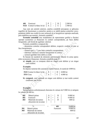 65
401 Furnizori P – D 2.500 lei
5121 Conturi la bănci în lei A – C 2.500 lei
Aşa cum am amintit anterior, analiza contabilă presupune şi aplicarea
regulilor de funcţionare a conturilor, pentru a se stabili partea conturilor cores-
pondente (debit sau credit) în care urmează să se înregistreze operaţia analizată,
prin stabilirea aşa numitei „formule contabile”.
Formula contabilă este modalitatea de reprezentare grafică a fiecărei
operaţii economice şi financiare în conturi corespondente, pe baza dublei
înregistrări, sub formă de egalitate valorică.
Formula contabilă e compusă din:
– denumirea contului corespondent debitor, respectiv creditor în care se
face înregistrarea;
– semnul egal („=”) pus între conturile corespondente
– mărimea valorică a sumelor înregistrate în conturi
– semnul egalităţii între debit şi credit.
În funcţie de numărul de elemente patrimoniale folosite în urma opera-
ţiilor economico-financiare, formula contabilă poate fi:
a) simplă, care se compune dintr-un singur cont debitor şi un singur
cont creditor.
Exemplu:
Se depune numerar din casierie în contul bancar, în sumă de 4.000 lei.
5121 Conturi la bănci în lei A + D 4.000 lei
5311 Casa A – C 4.000 lei
b) compusă, care cuprinde un singur cont debitor şi mai multe conturi
creditoare sau invers.
Exemplu:
Întreprinderea achiziţionează cherestea în valoare de 9.000 lei şi salopete
în valoare de 600 lei.
301 Materii prime A + D 9.000 lei
401 Furnizori P + C 9.600 lei
303 Materiale de natura
obiectelor de inventar
A + D 600 lei
% = 401 9.600 lei
301 Materii prime Furnizori 9.000 lei
303 Materiale de natura
obiectelor de inventar
600 lei
 