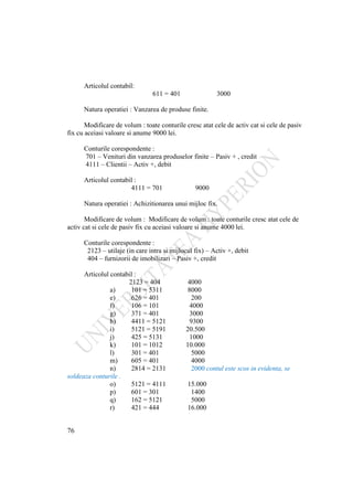 76
Articolul contabil:
611 = 401 3000
Natura operatiei : Vanzarea de produse finite.
Modificare de volum : toate conturile cresc atat cele de activ cat si cele de pasiv
fix cu aceiasi valoare si anume 9000 lei.
Conturile corespondente :
701 – Venituri din vanzarea produselor finite – Pasiv + , credit
4111 – Clientii – Activ +, debit
Articolul contabil :
4111 = 701 9000
Natura operatiei : Achizitionarea unui mijloc fix.
Modificare de volum : Modificare de volum : toate conturile cresc atat cele de
activ cat si cele de pasiv fix cu aceiasi valoare si anume 4000 lei.
Conturile corespondente :
2123 – utilaje (in care intra si mijlocul fix) – Activ +, debit
404 – furnizorii de imobilizari – Pasiv +, credit
Articolul contabil :
2123 = 404 4000
a) 101 = 5311 8000
e) 626 = 401 200
f) 106 = 101 4000
g) 371 = 401 3000
h) 4411 = 5121 9300
i) 5121 = 5191 20.500
j) 425 = 5131 1000
k) 101 = 1012 10.000
l) 301 = 401 5000
m) 605 = 401 4000
n) 2814 = 2131 2000 contul este scos in evidenta, se
soldeaza conturile .
o) 5121 = 4111 15.000
p) 601 = 301 1400
q) 162 = 5121 5000
r) 421 = 444 16.000
 