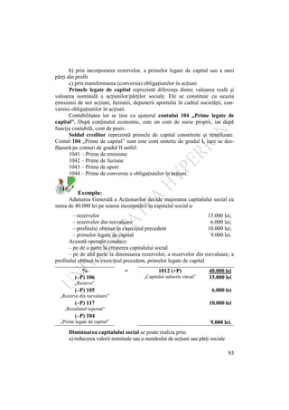 93
b) prin incorporarea rezervelor, a primelor legate de capital sau a unei
părţi din profit
c) prin transformarea (conversia) obligaţiunilor în acţiuni.
Primele legate de capital reprezintă diferenţa dintre valoarea reală şi
valoarea nominală a acţiunilor/părţilor sociale. Ele se constituie cu ocazia
emisiunii de noi acţiuni, fuziunii, depunerii aportului în cadrul societăţii, con-
versiei obligaţiunilor în acţiuni.
Contabilitatea lor se ţine cu ajutorul contului 104 „Prime legate de
capital”. După conţinutul economic, este un cont de surse proprii, iar după
funcţia contabilă, cont de pasiv.
Soldul creditor reprezintă primele de capital constituite şi neutilizate.
Contul 104 „Prime de capital” sunt este cont sintetic de gradul I, care se des-
făşoară pe conturi de gradul II astfel:
1041 – Prime de emisiune
1042 – Prime de fuziune
1043 – Prime de aport
1044 – Prime de conversie a obligaţiunilor în acţiuni.
Exemplu:
Adunarea Generală a Acţionarilor decide majorarea capitalului social cu
suma de 40.000 lei pe seama incorporării în capitalul social a:
– rezervelor 15.000 lei;
– rezervelor din reevaluare 6.000 lei;
– profitului obţinut în exerciţiul precedent 10.000 lei;
– primelor legate de capital 9.000 lei.
Această operaţie conduce:
– pe de o parte la creşterea capitalului social
– pe de altă parte la diminuarea rezervelor, a rezervelor din reevaluare, a
profitului obţinut în exerciţiul precedent, primelor legate de capital
% = 1012 (+P) 40.000 lei
(–P) 106 „Capitalul subscris vărsat” 15.000 lei
„Rezerve”
(–P) 105 6.000 lei
„Rezerve din reevaluare”
(–P) 117 10.000 lei
„Rezultatul reportat”
(–P) 104
„Prime legate de capital” 9.000 lei.
Diminuarea capitalului social se poate realiza prin:
a) reducerea valorii nominale sau a numărului de acţiuni sau părţi sociale
 