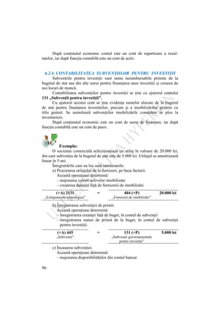 96
După conţinutul economic contul este un cont de repartizare a rezul-
tatelor, iar după funcţia contabilă este un cont de activ.
6.2.4. CONTABILITATEA SUBVENŢIILOR PENTRU INVESTIŢII
Subvenţiile pentru investiţii sunt sume nerambursabile primite de la
bugetul de stat sau din alte surse pentru finanţarea unor investiţii şi crearea de
noi locuri de muncă.
Contabilitatea subvenţiilor pentru investiţii se ţine cu ajutorul contului
131 „Subvenţii pentru investiţii”.
Cu ajutorul acestui cont se ţine evidenţa sumelor alocate de la bugetul
de stat pentru finanţarea investiţiilor, precum şi a imobilizărilor primite cu
titlu gratuit. Se asimilează subvenţiilor imobilizările constatate în plus la
inventariere.
După conţinutul economic este un cont de surse de finanţare, iar după
funcţia contabilă este un cont de pasiv.
Exemplu:
O societate comercială achiziţionează un utilaj în valoare de 20.000 lei,
din care subvenţia de la bugetul de stat este de 5.000 lei. Utilajul se amortizează
linear în 5 ani.
Înregistrările care au loc sunt următoarele:
a) Procurarea utilajului de la furnizori, pe baza facturii.
Această operaţiune determină:
– majorarea valorii activelor imobilizate
– creşterea datoriei faţă de furnizorii de imobilizări.
(+A) 2131 = 404 (+P) 20.000 lei
„Echipamente tehnologice” „Furnizori de imobilizări”
b) Înregistrarea subvenţiei de primit.
Această operaţiune determină:
– înregistrarea creanţei faţă de buget, în contul de subvenţii
– înregistrarea sumei de primit de la buget, în contul de subvenţii
pentru investiţii.
(+A) 445 = 131 (+P) 5.000 lei
„Subvenţii” „Subvenţii guvernamentale
pentru investiţii”
c) Încasarea subvenţiei.
Această operaţiune determină:
– majorarea disponibilităţilor din contul bancar
 
