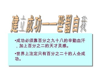 建立成功——检视自我 成功必须靠百分之九十八的辛勤血汗，加上百分之二的天才灵感。 世界上注定只有百分之二十的人会成功。 