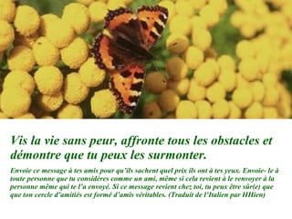 Vis la vie sans peur, affronte tous les obstacles et démontre que tu peux les surmonter. Envoie ce message à tes amis pour qu’ils sachent quel prix ils ont à tes yeux. Envoie- le à toute personne que tu considères comme un ami, même si cela revient à le renvoyer à la personne même qui te l’a envoyé. Si ce message revient chez toi, tu peux être sûr(e) que que ton cercle d’amitiés est formé d’amis véritables. (Traduit de l’Italien par HHien) 