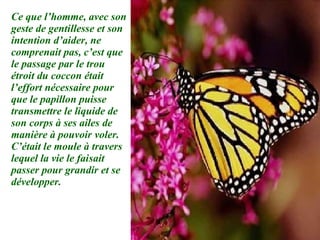 Ce que l’homme, avec son geste de gentillesse et son intention d’aider, ne comprenait pas, c’est que le passage par le trou étroit du coccon était l’effort nécessaire pour que le papillon puisse transmettre le liquide de son corps à ses ailes de manière à pouvoir voler. C’était le moule à travers lequel la vie le faisait passer pour grandir et se développer.  